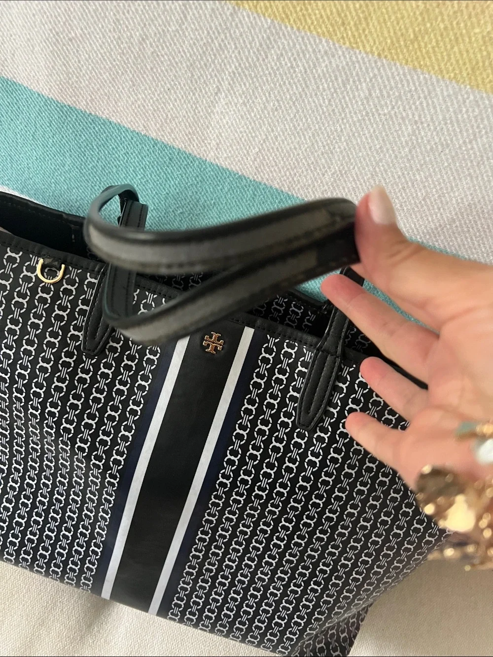 Tory Burch Black Monogram Stripe Tote with Center Plaque